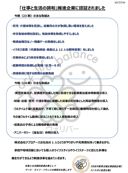 「仕事と生活の調和」推進企業の認証されました