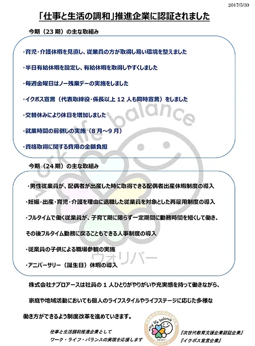 「仕事と生活の調和」推進企業の認証されました